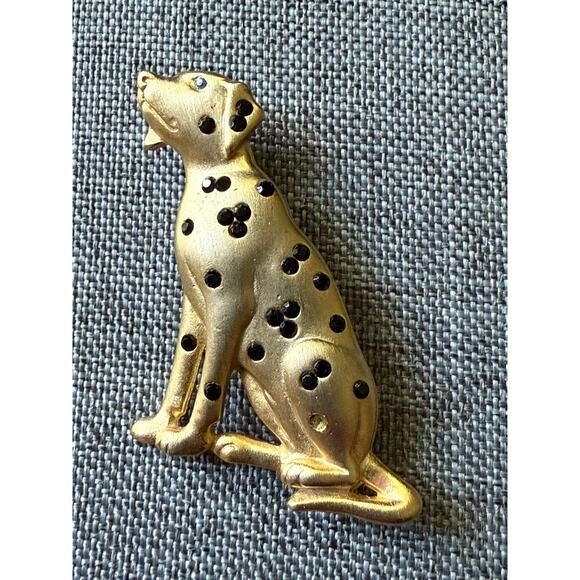 Vintage JJ Jonette Dalmation Rhinestone Dog Brooch Pin Gold Tone Whimsy Artsy - Picture 1 of 5